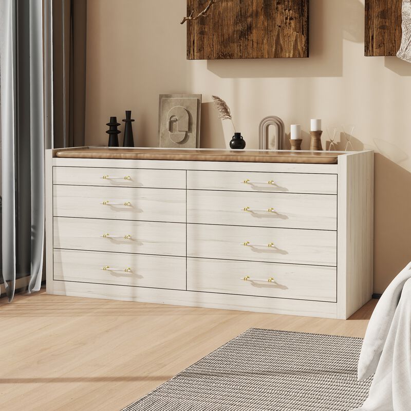 FUFU&GAGA 8-Drawer Bedroom Island Storage Cabinet, White Finish with Wood Grain, Gold and White Handles (66.5" W x 23.6" D x 31.5" H),White