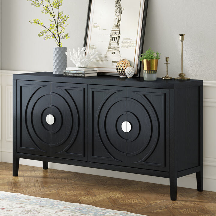 Retro Sideboard Door with Circular Groove Design & Round Metal Handle for Entrance, Dining & Living Room