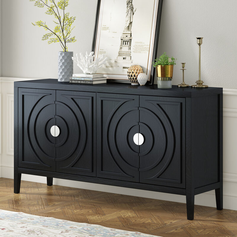 Retro Sideboard Door with Circular Groove Design & Round Metal Handle for Entrance, Dining & Living Room