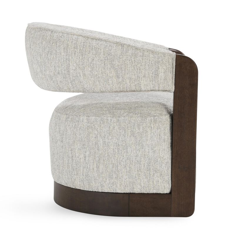 Zinn Swivel Accent Chair, Brown Ash Wood, Gray Channel Tufted Boucle - Benzara
