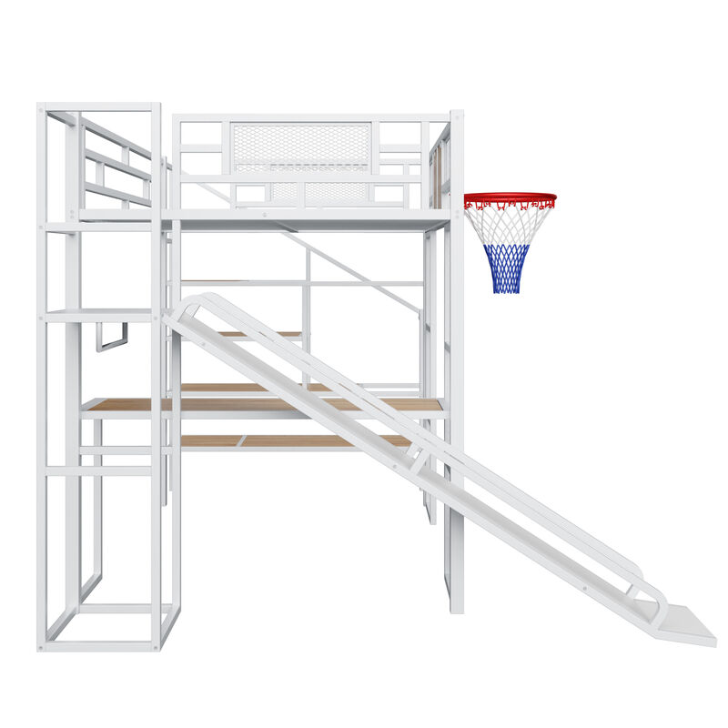 Merax  Metal Loft Bed with Desk and Open Wardrobe