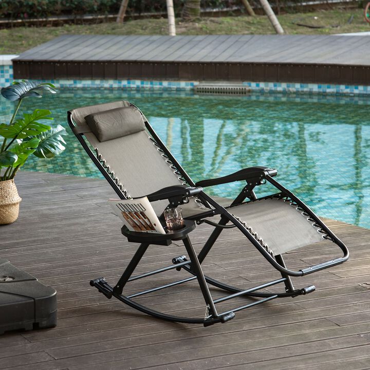 Grey Patio Lounger: Zero Gravity Rocker with Headrest & Phone Holder