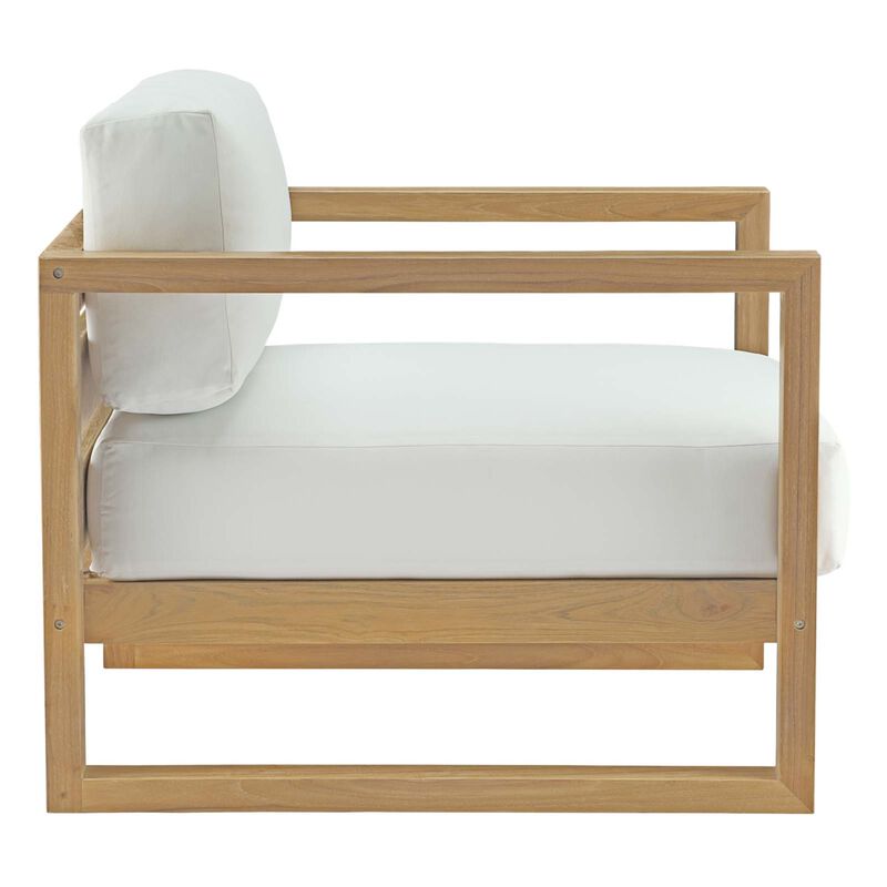 Upland Teak Outdoor Collection - Durable Teak Wood Furniture Set with All-Weather White Cushions. Includes Coffee Table & 2 Armchairs. Ideal for Balcony, Patio, Poolside, and Garden Spaces.