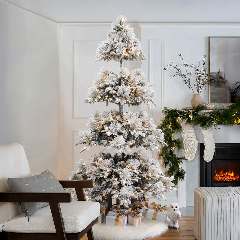 LuxenHome 7.5Ft Pre-Lit Flocked Slender Artificial Pine Christmas Tree
