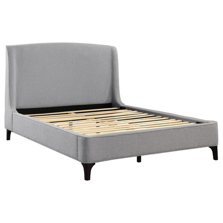 Benjara Mabe King Size Bed, Curved Panel Headboard, Soft Gray Fabric Upholstered