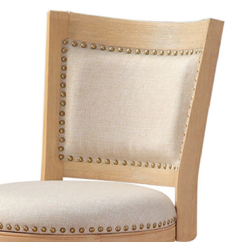 Kia 24 Inch Solid Wood Swivel Counter Stool, Curved Panel Back, Brass Nailheads, Ivory - Benzara