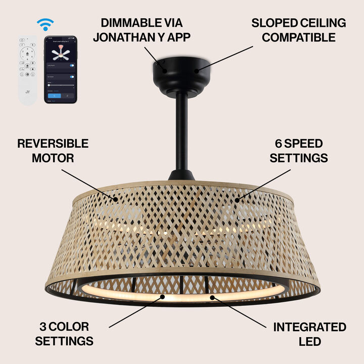 Archer 4-Light Coastal Bohemian 6-Speed MetalSeagrass Mobile-App Remote-Controlled Lantern LED Ceiling Fan
