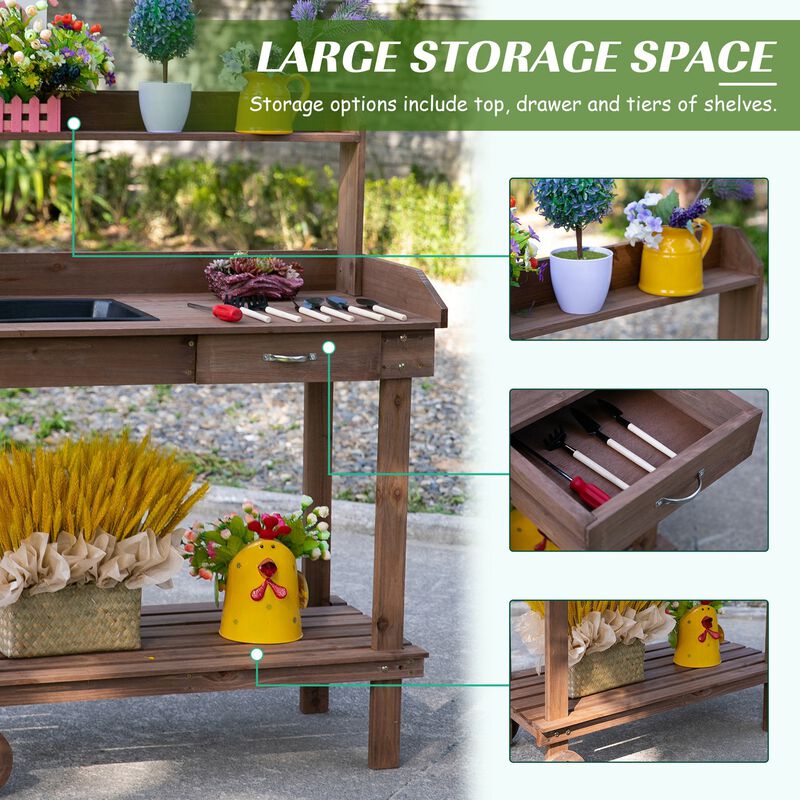 Brown Garden Helper: Wheeled Potting Bench with Sink and Drawer