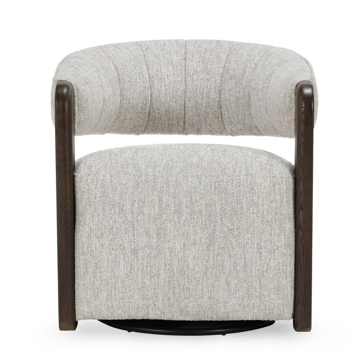 Zinn Swivel Accent Chair, Brown Ash Wood, Gray Channel Tufted Boucle - Benzara