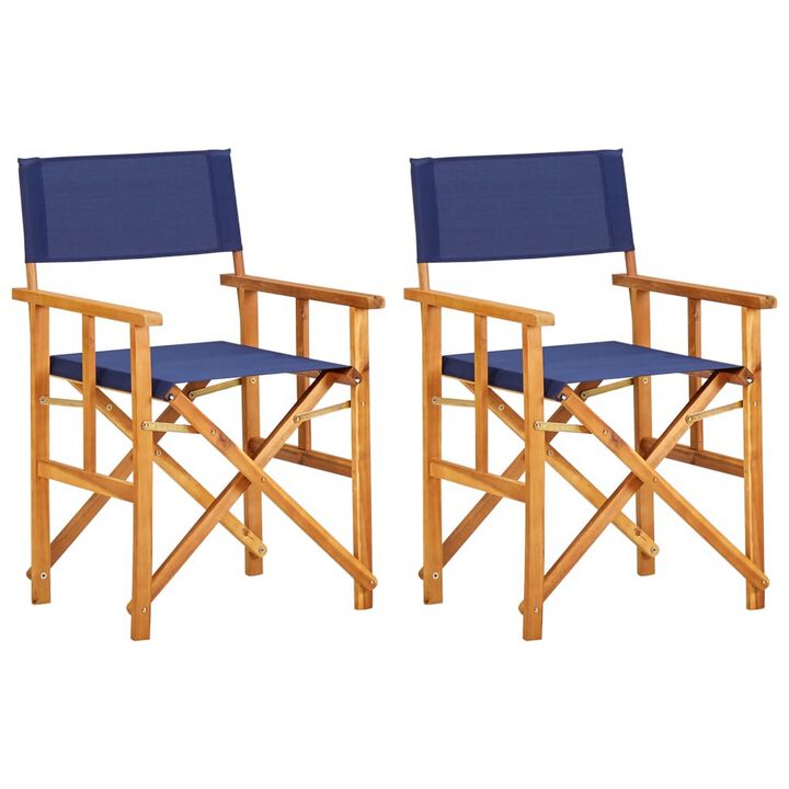 Foldable Accent Director Set of 2, Brown Acacia Wood, Blue - Benzara