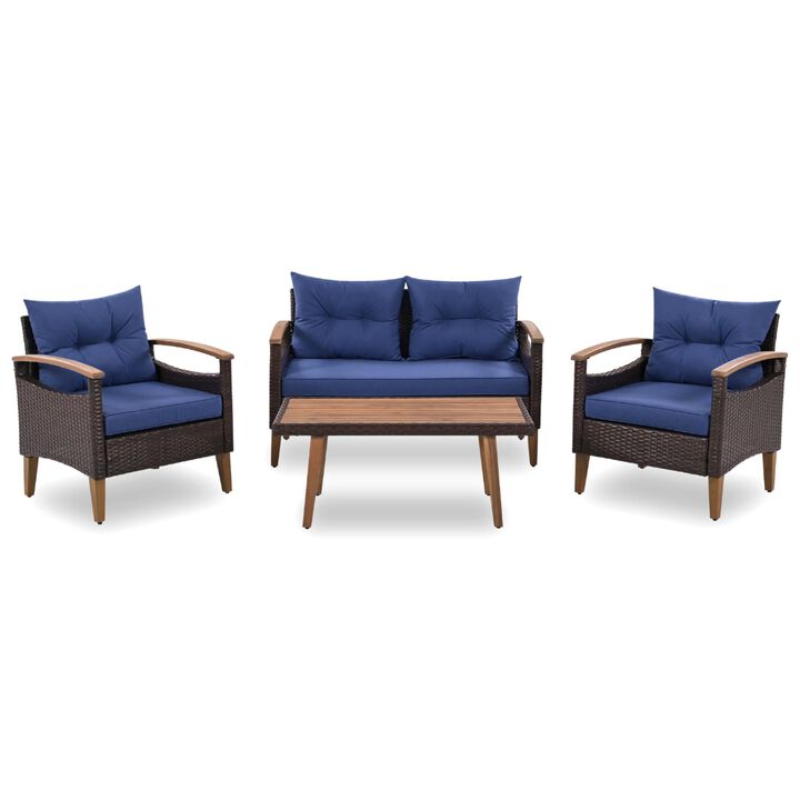 Whisen 4-Piece Patio Seating Set, PE Rattan Outdoor Sofa Set with Wood Table and Legs, Garden Furniture - Beige