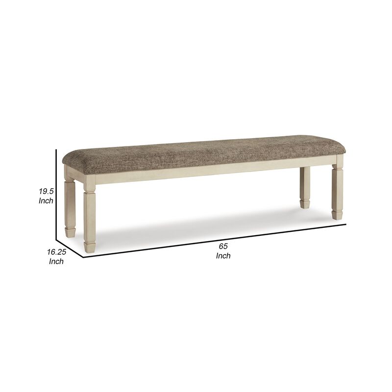 65 Inch Two Tone Dining Bench, Woven Fabric Cushion, Vintage White Wood-Benzara