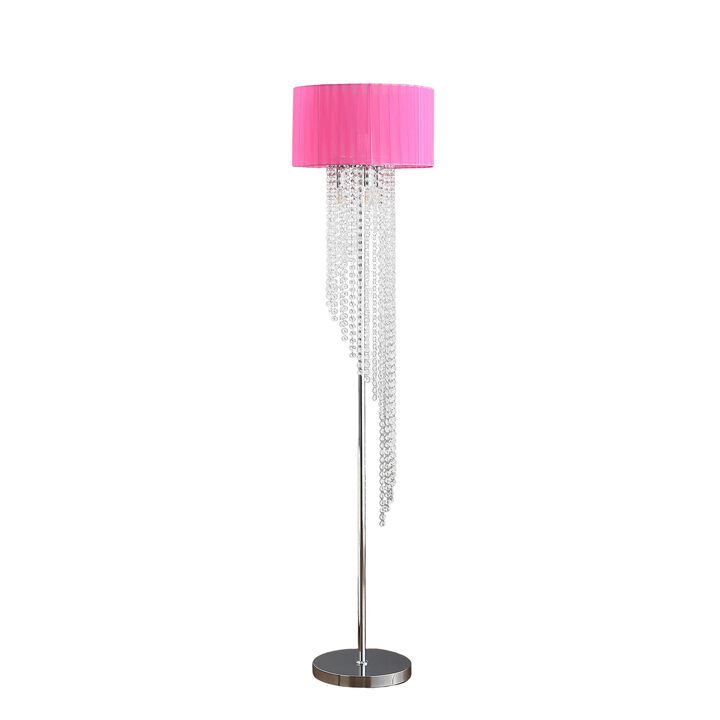 Mero Floor Lamp, Suspended Crystal Rain Chains, Pink Shade, 53 Inch  - Benzara