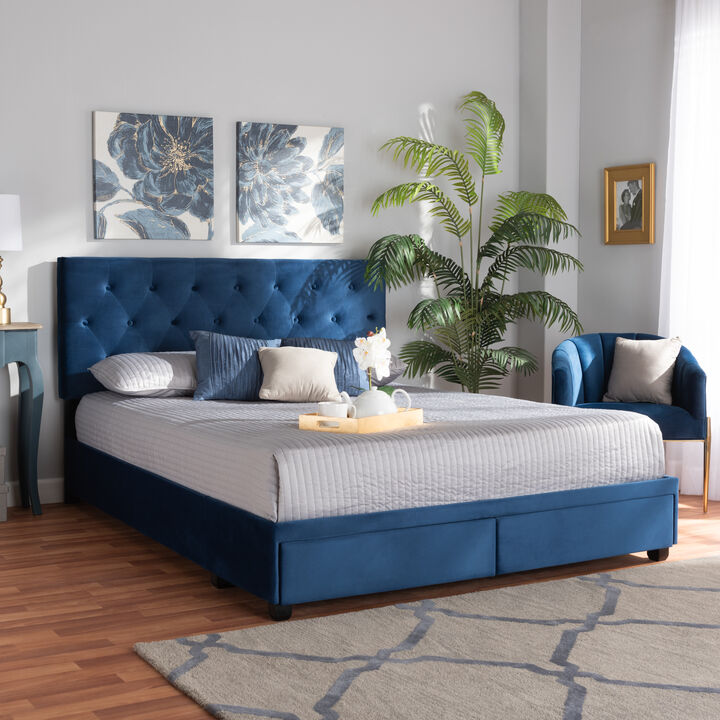 Baxton Studio Caronia Navy Velvet Fabric Upholstered 2 Drawer Queen Size Platform Storage Bed