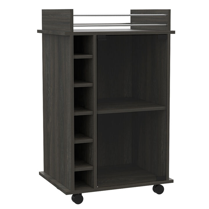 DEPOT E-SHOP Huali Bar Cart, Six Built-in Wine Rack, Glass Door, Four Casters, Two Shelves, Carbon Espresso
