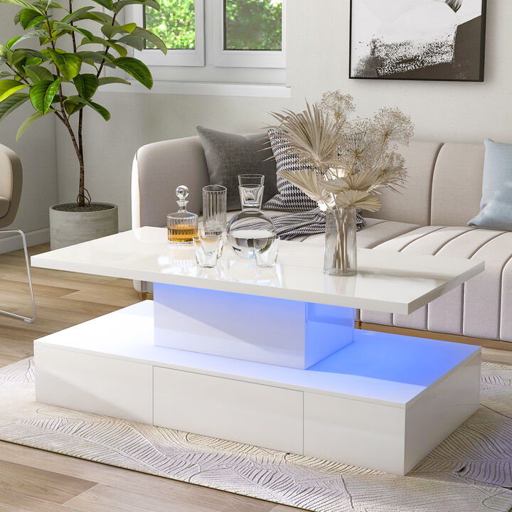 Modern Glossy Coffee Table with Drawer, 2-Tier Rectangle Center Table