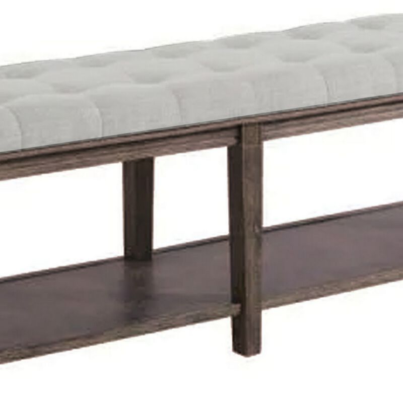 Bench with Button Tufted Seat and Open Shelf, Beige-Benzara