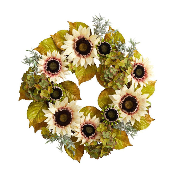 Nearly Natural 24-in White Sunflower and Hydrangea Artificial Autumn Wreath