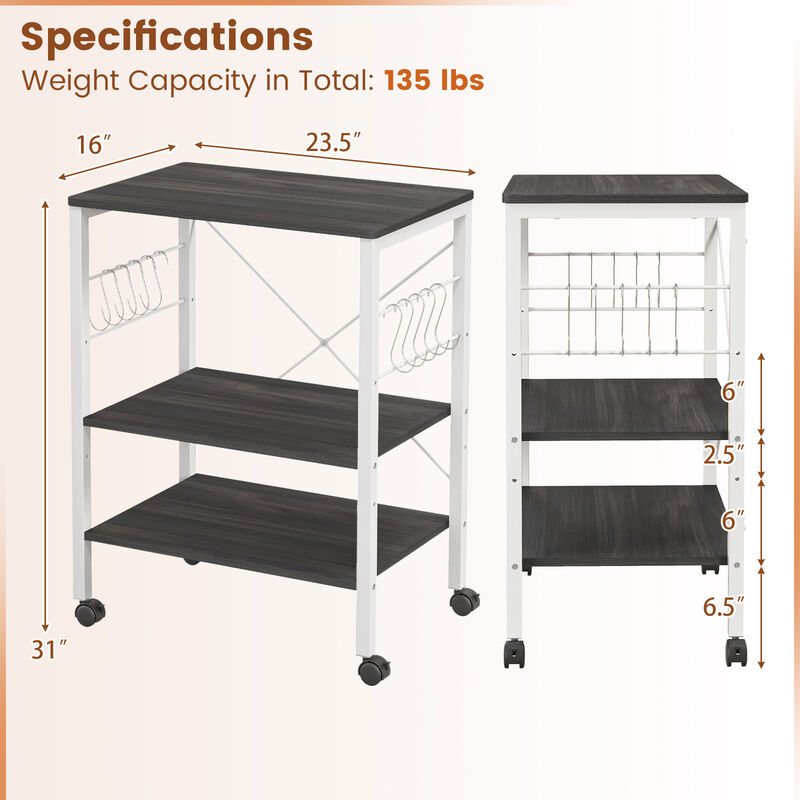 3-Tier Kitchen Baker's Rack Microwave Oven Storage Cart with Hooks