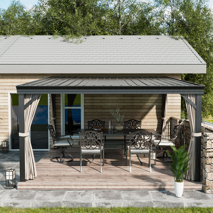 Mondawe Outdoor Wall-Mounted Hardtop Gazebo Aluminum Frame Galvanized Steel Roof Sunroom with Curtains and Netting