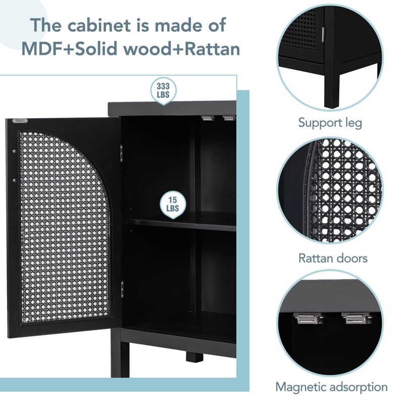 Black Sideboard with Rattan Doors & Metal Handles