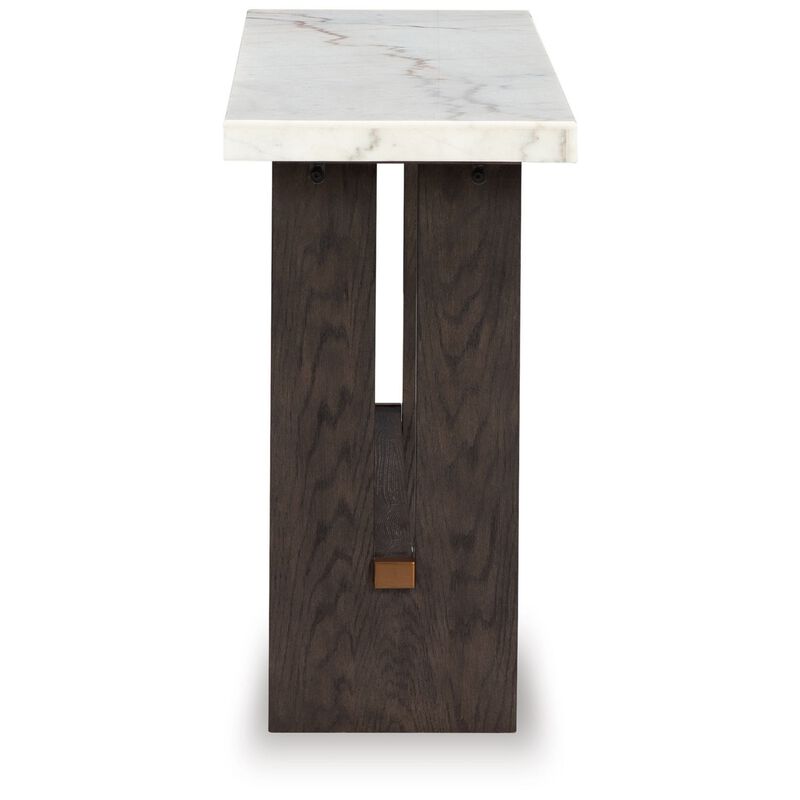 Haus Sofa Console Table, Marble Top, Panel legs, 52 Inch Brown Wood - Benzara