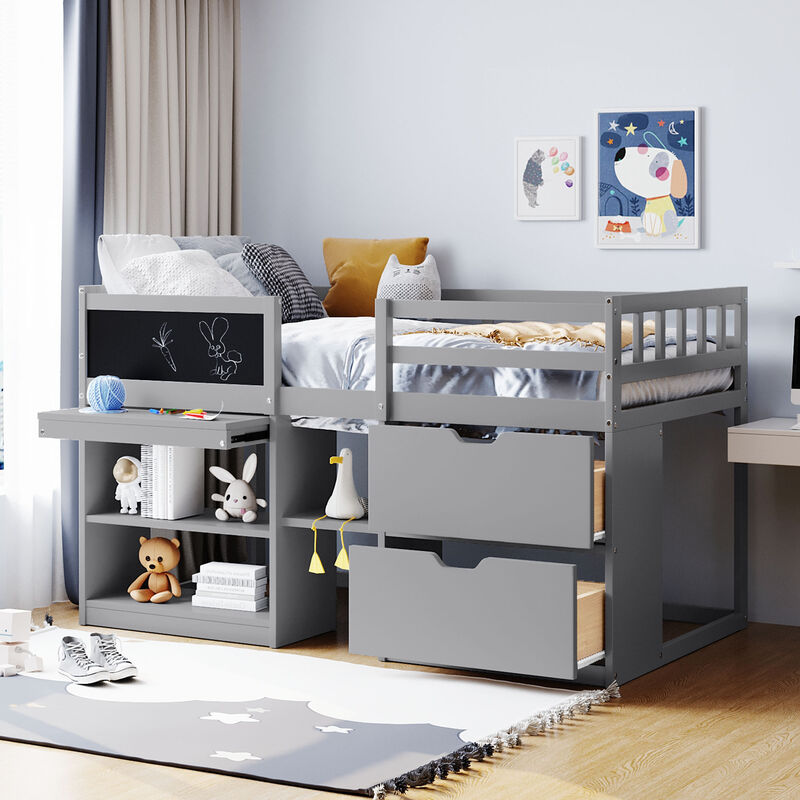 Merax Low Loft Bed with Rolling Desk and Drawers