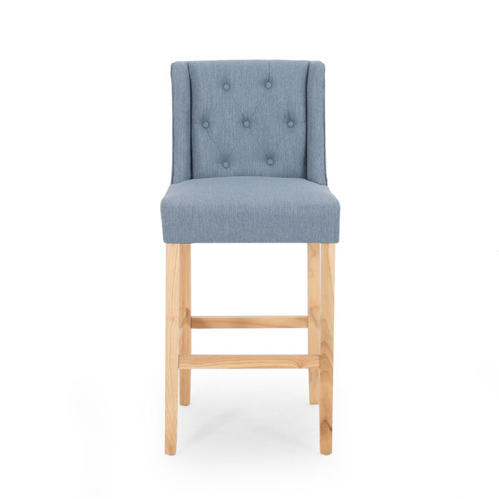 Seliva Barstool Chair Set of 2, Navy Blue Fabric, Tufted Back, Black Wood - Benzara