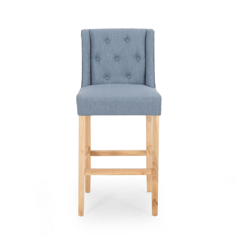 Seliva Barstool Chair Set of 2, Navy Blue Fabric, Tufted Back, Black Wood - Benzara