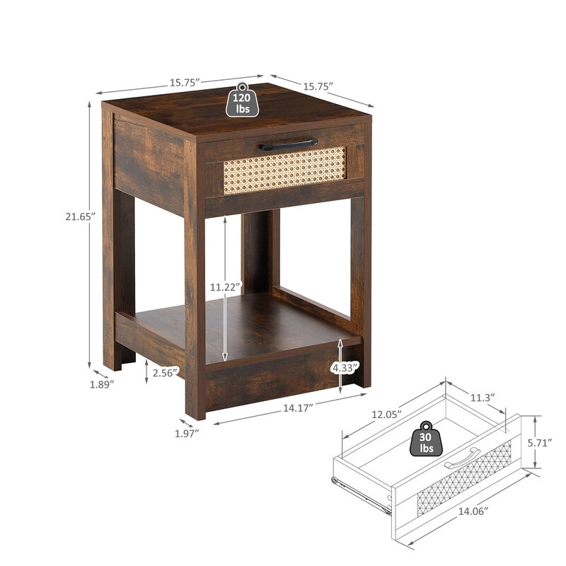 Rattan End Table with Drawer, Modern Nightstand, Side Table for Living Room, Bedroom, Rustic Brown