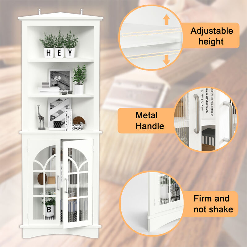 MONDAWE 63.3" Tall Freestanding Bookcase Corner Storage Cabinet with Doors and Adjustable Shelves 5-Tier Corner Display Cabinet