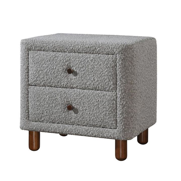 Lyno 20 Inch Nightstand, 2 Drawers, Brown Legs, Gray Boucle Upholstery - Benzara