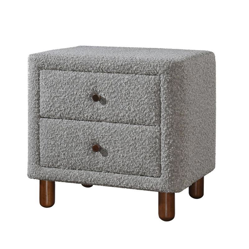 Lyno 20 Inch Nightstand, 2 Drawers, Brown Legs, Gray Boucle Upholstery - Benzara