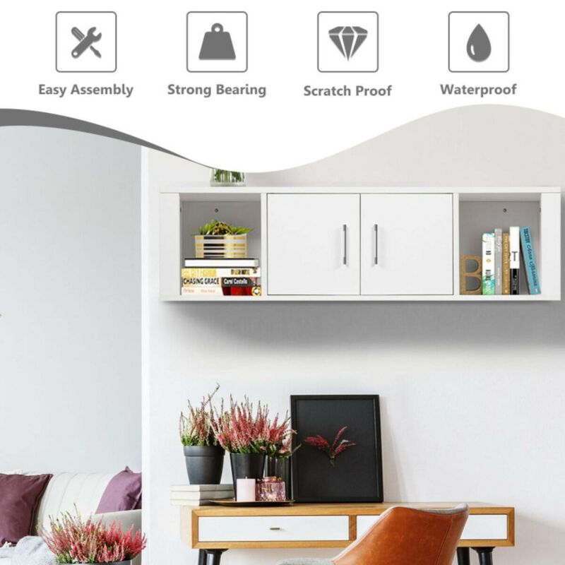 Hivvago Wall Mounted Floating 2 Door Desk Hutch Storage Shelves