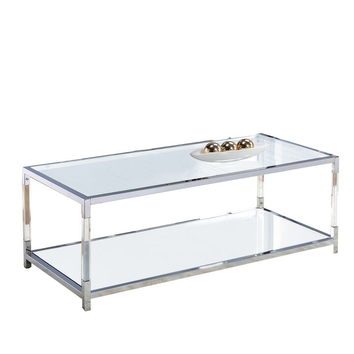 Glass Top Metal Coffee Table with Open Bottom Shelf, Silver and Clear-Benzara