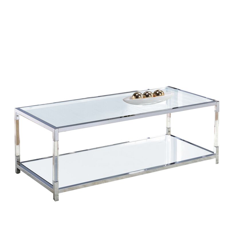 Glass Top Metal Coffee Table with Open Bottom Shelf, Silver and Clear-Benzara