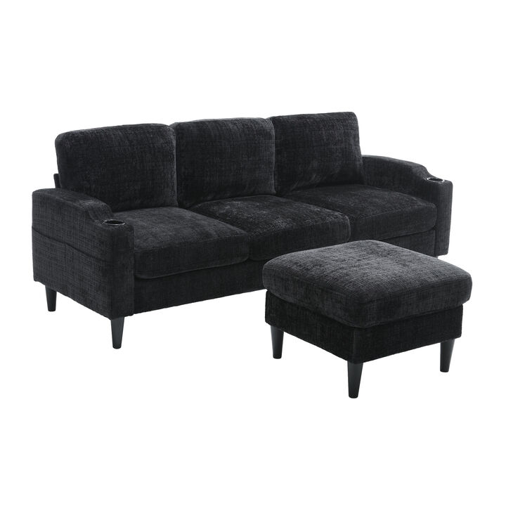 2025 New! Sofa for three, solid wood frame, Chenille fabric, side pocket, with two cup holders, footstool with storagestorage sofa /Living room sofa cozy sectional sofa