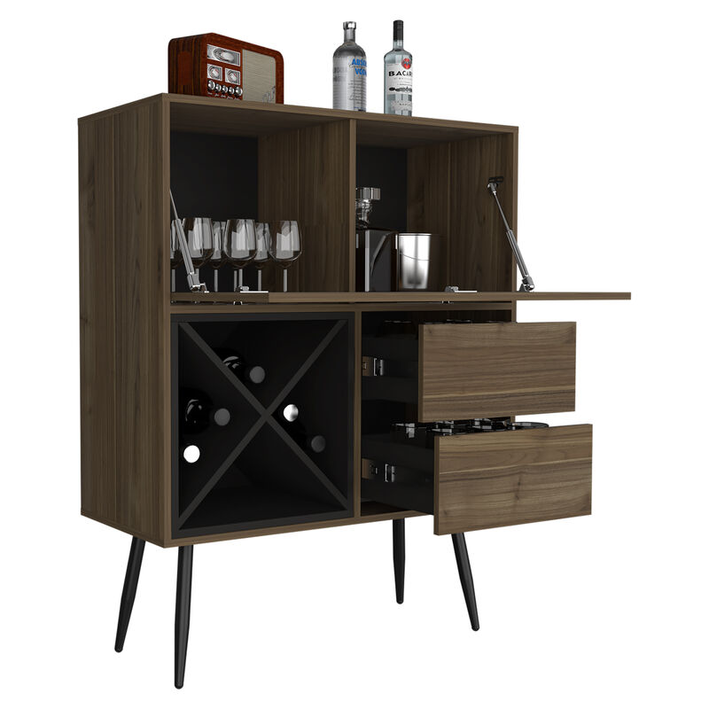 DEPOT E-SHOP Thistle Bar Two Drawers, Four Double Racks, Single Cabinet, Mahogany / Black