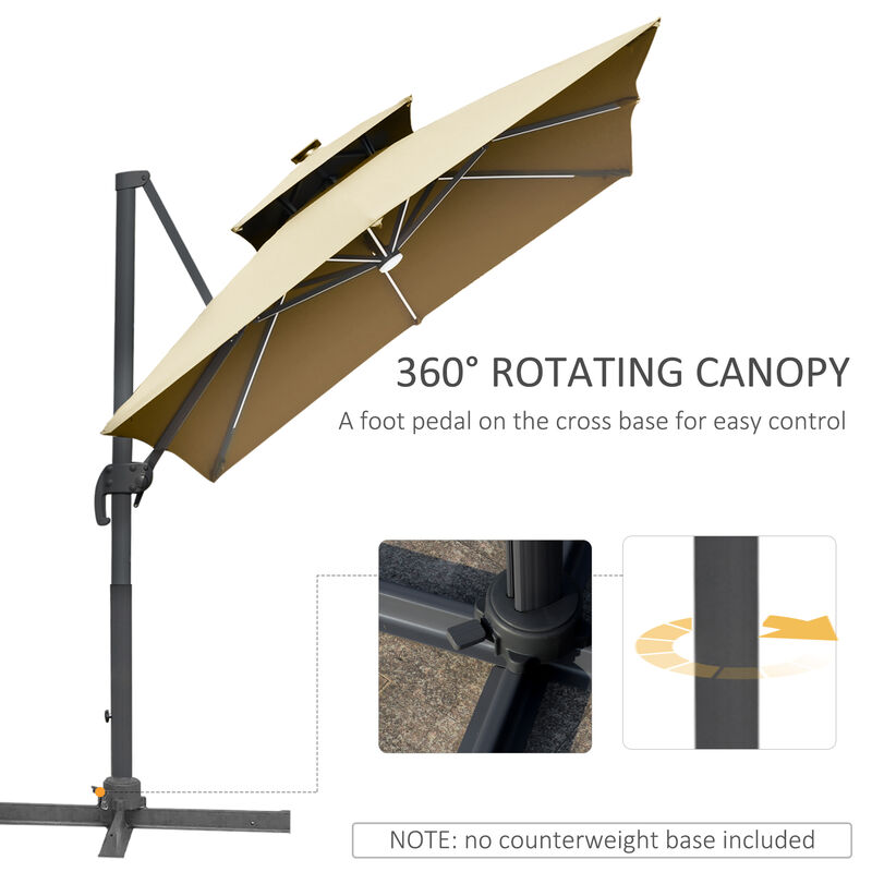 10ft Solar LED Cantilever Umbrella w/ Cross Base Tilt and Crank Khaki