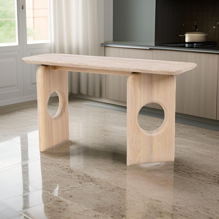 Aky 55 Inch Console Table, Faux Marble Top, Open Panel Frame, Natural Brown - Benzara