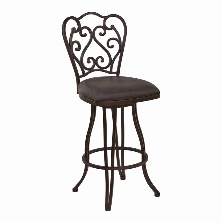 Metal Scroll Design Open Back Barstool with Fabric Padded Seat, Gray - Benzara