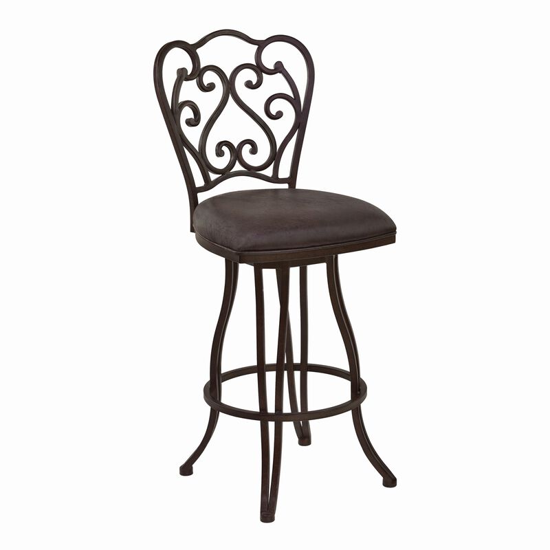 Metal Scroll Design Open Back Barstool with Fabric Padded Seat, Gray - Benzara