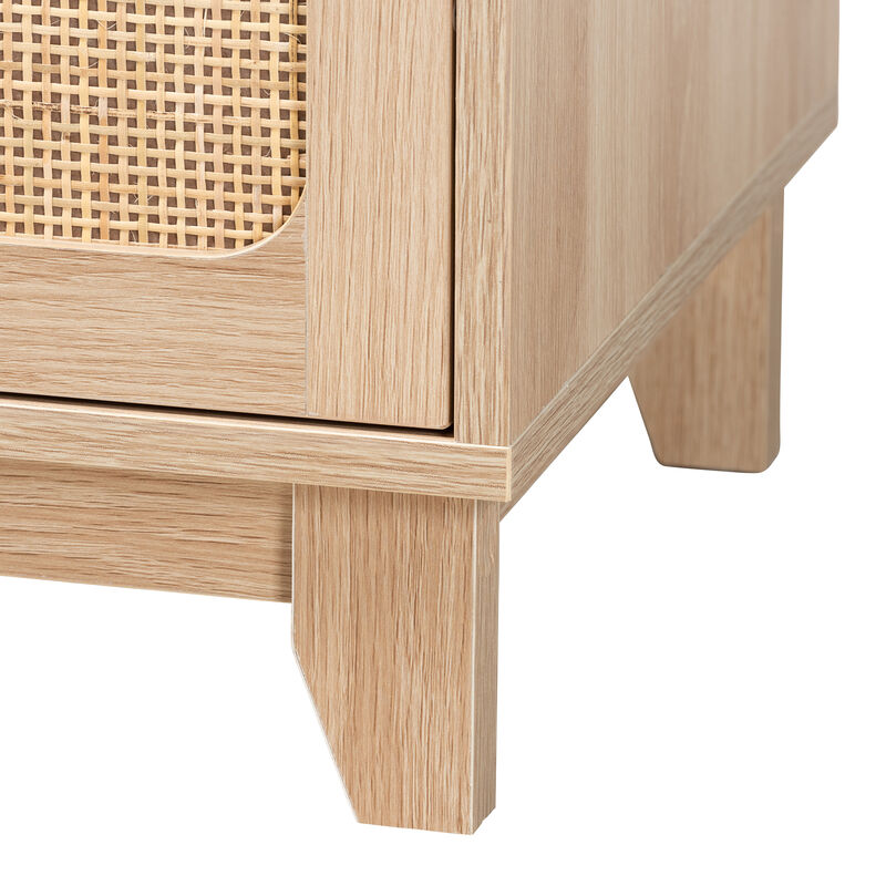 Baxton Studio Elsbeth Japandi Oak Finished Wood and Natural Rattan 3 Drawer Storage Cabinet