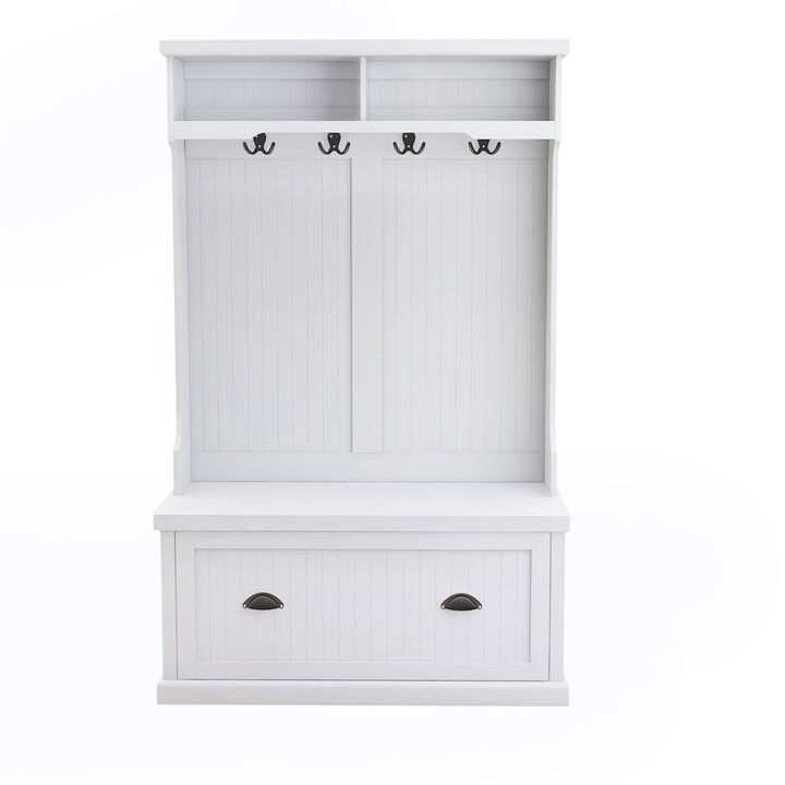 White Wood Hall Tree with Bench Shoe Cabinet