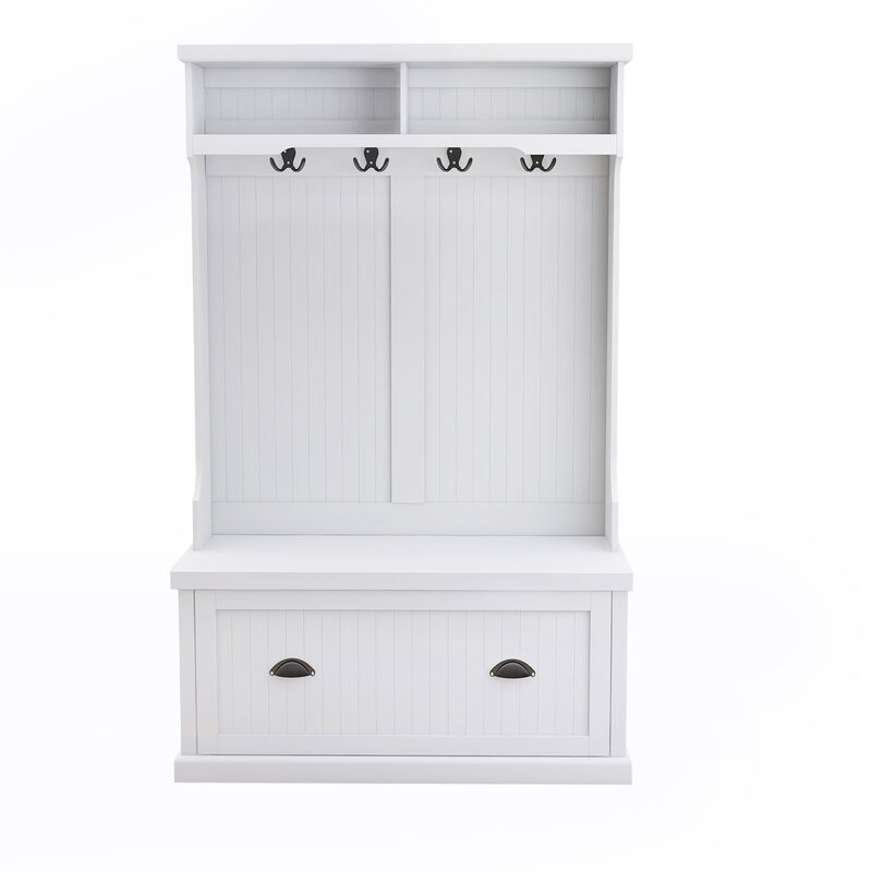 White Wood Hall Tree with Bench Shoe Cabinet
