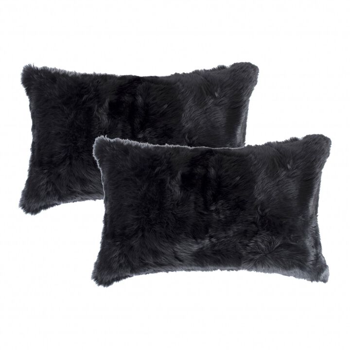 Hivvago Set Of Two 12" X 20" Black Rabbit Natural Fur Throw Pillows