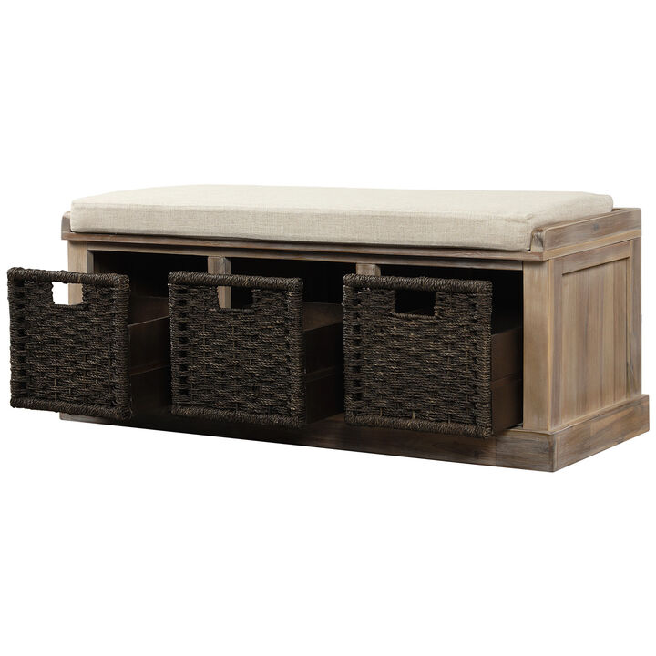 Rustic Storage Bench with 3 Rattan Baskets and Removable Cushion for Entryway