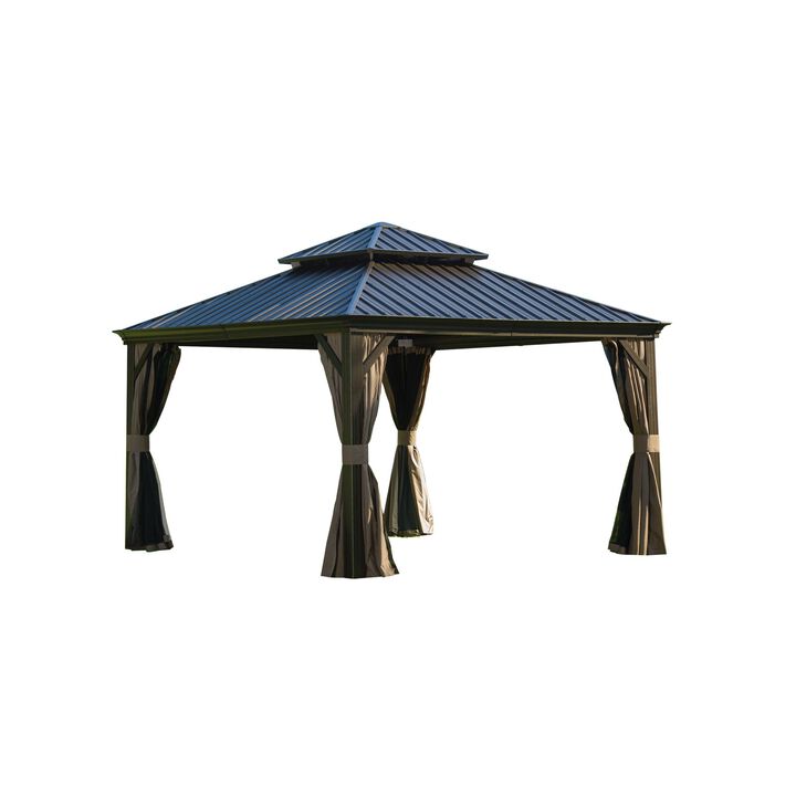 MONDAWE 12x12ft Hardtop Gazebo, Outdoor Aluminum Frame Canopy with Galvanized Steel Double Roof, Outdoor Permanent Metal Pavilion with Curtains and Netting for Patio, Backyard and Lawn(Brown)