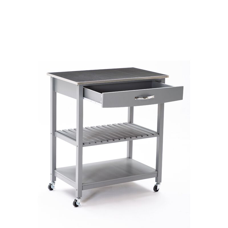 38 Inch 2 Tier Kitchen Cart Island, Shelf, Steel Top, Lock Casters, Gray - Benzara