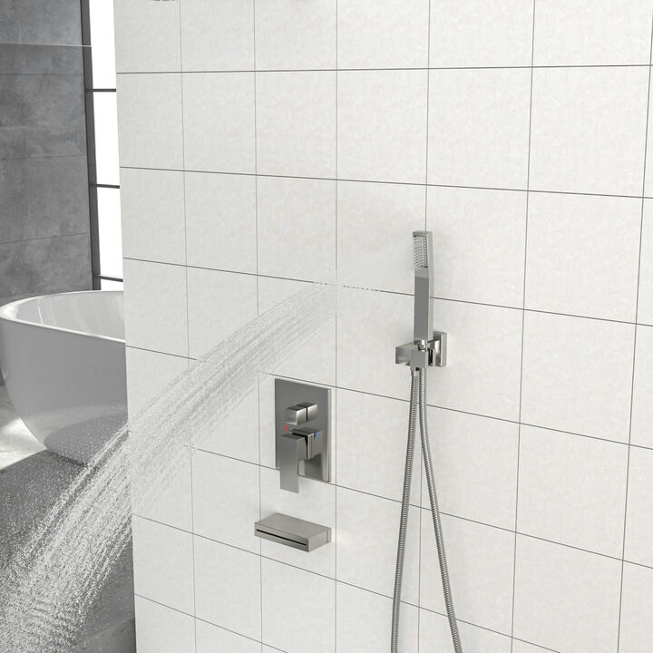 12" Rain Shower Head Systems With Waterfall Tub Spout, Brushed Nickel, Ceiling Mounted Shower